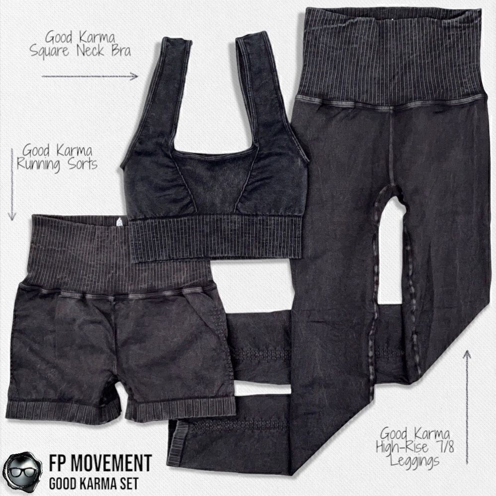 FP MOVEMENT GOOD KARMA SET: SQUARE NECK BRA + RUNNING SHORTS + LEGGINGS IN BLACK